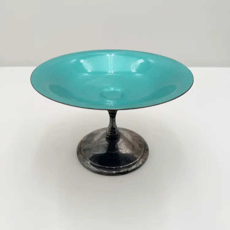 Reed And Barton Silver Plate With Teal Blue Enamel Pedestal Compote