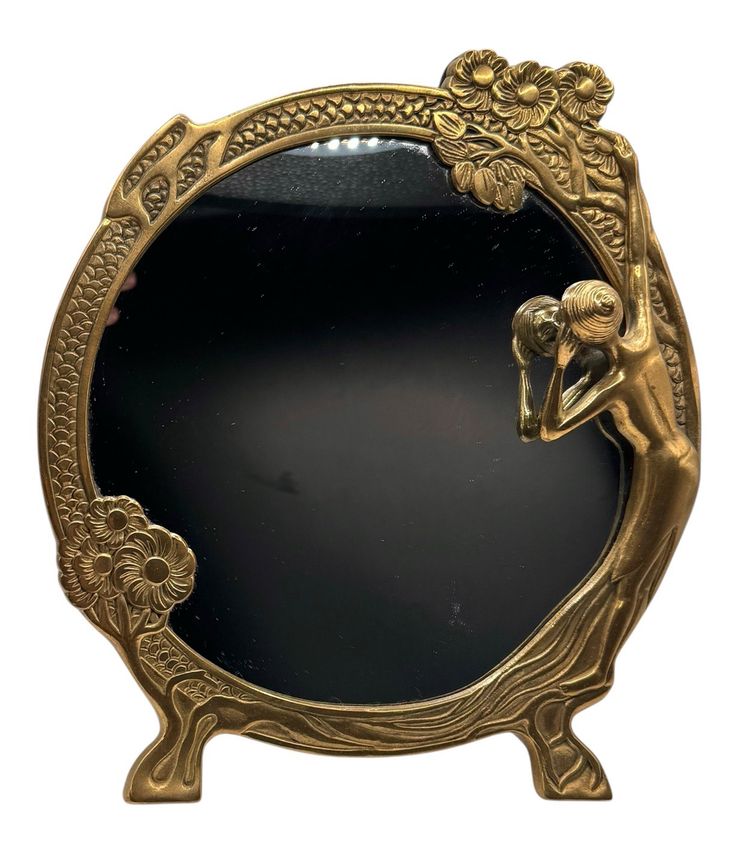 Vintage Art Nouveau Style Brass Table Top Vanity Mirror Lady of the Lake 9.5”