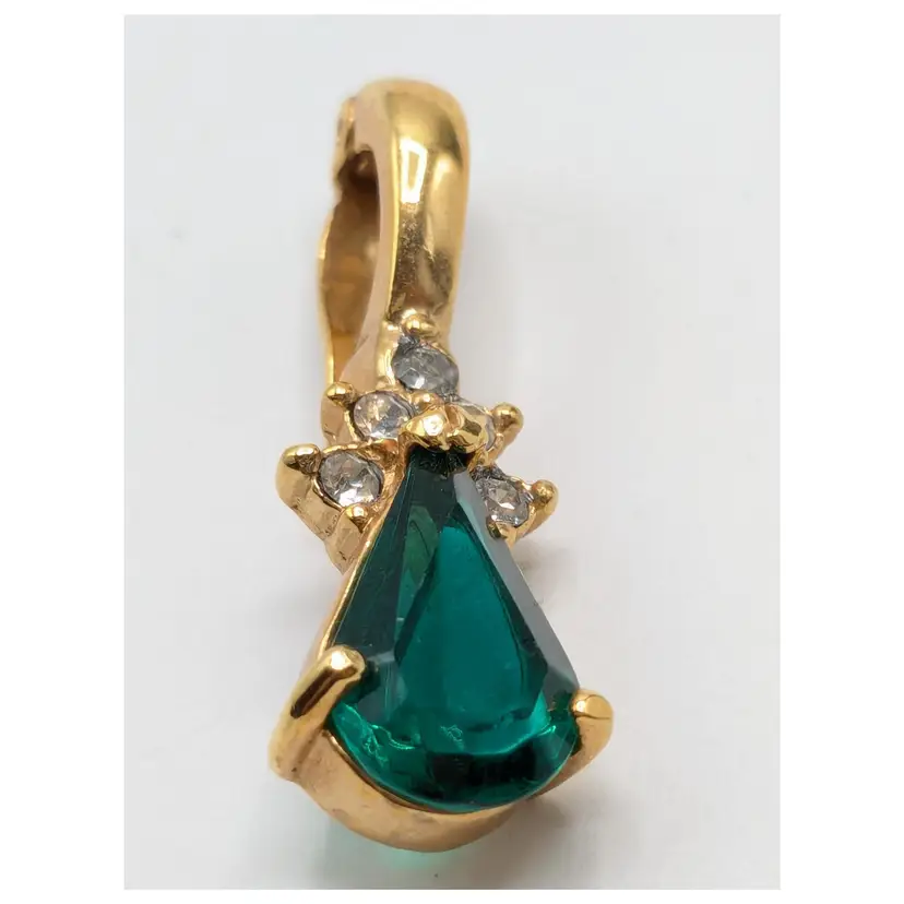 Vintage Gold Tone Pendant with Faux Emerald and Rhinestones