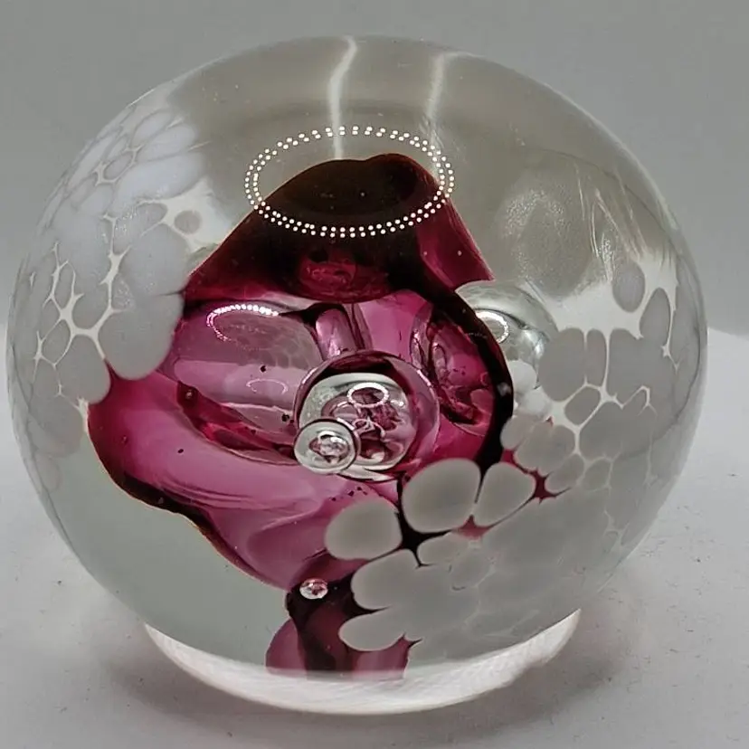 Harv Harris Signed Bright Purple White Art Glass Spiral Loop Bubble Paperweight