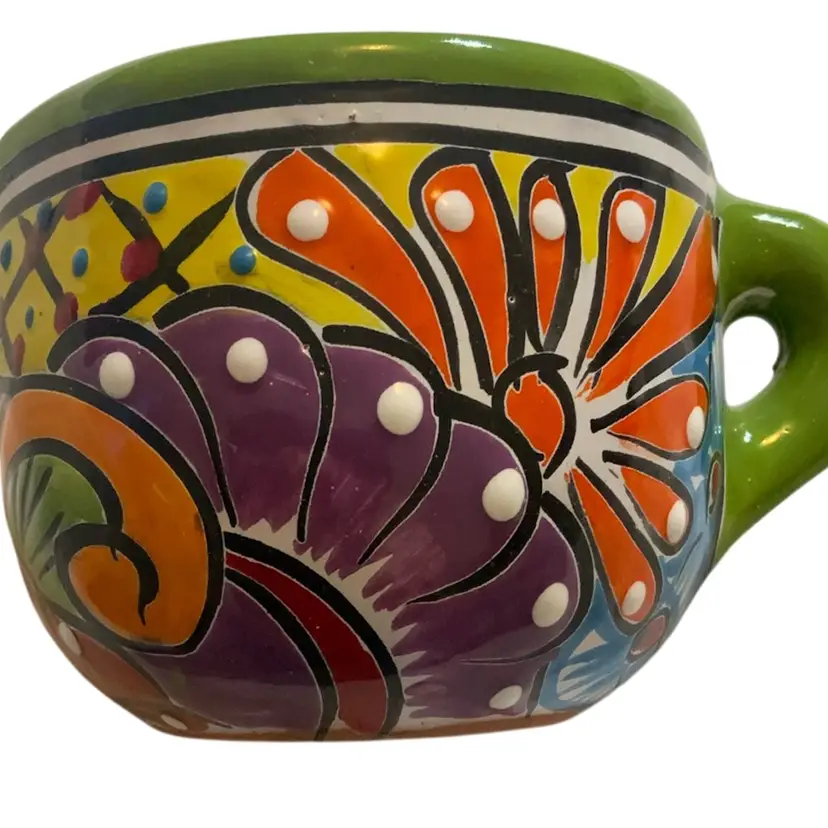 5” Diameter By 4” Colorful Hand Painted Talavera 32 Ounce Coffee Tea Or Soup Mug Or Planter Features Green Rim