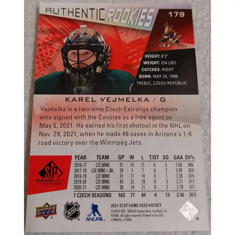 2021-22 Upper Deck SP Game Used Karel Vejmelka Authentic Rookie Red #d /205 SP
