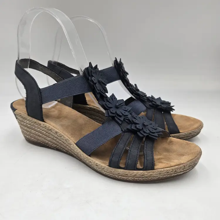 Rieker Wedge Sandals Blue Flower Detail Stretch Strap Womens EU 38 US 7.5
