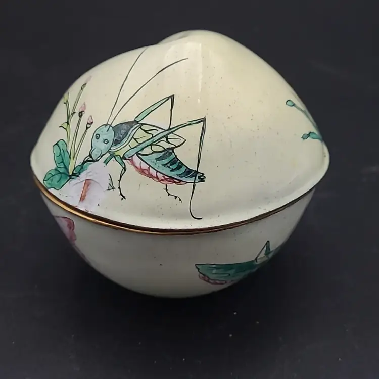Vintage Canton Enamel On Metal Hand Painted Dragonfly And Crickets Trinket Box