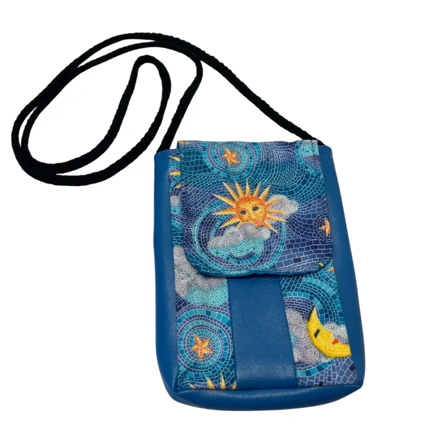 Sun, Moon & Stars Blue Crossbody Purse Magnetic Closure Black Rope Strap | 8”