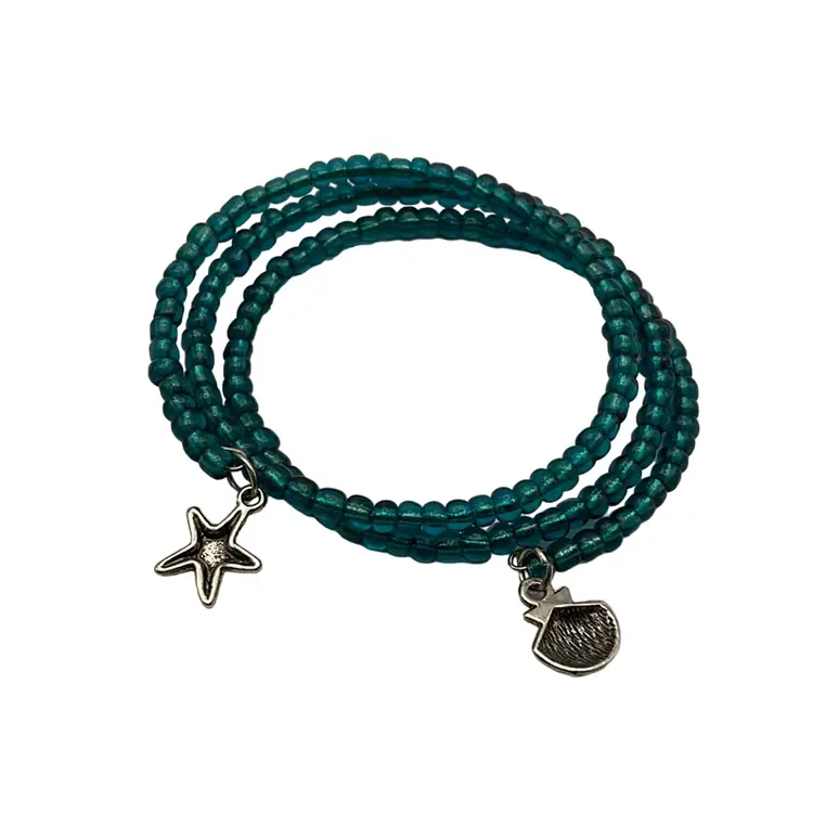 Handmade Wrap/Expandable Bracelets, Turquoise/Pewter, Glass/Ceramic Bead, Silver Tone Charms, Elephant and Shells. Set Of 2