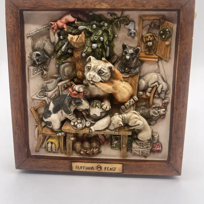 Picturesque RUFFIANS FEAST Marble Resin Tile Picture 3D Dogs Eating Dinner