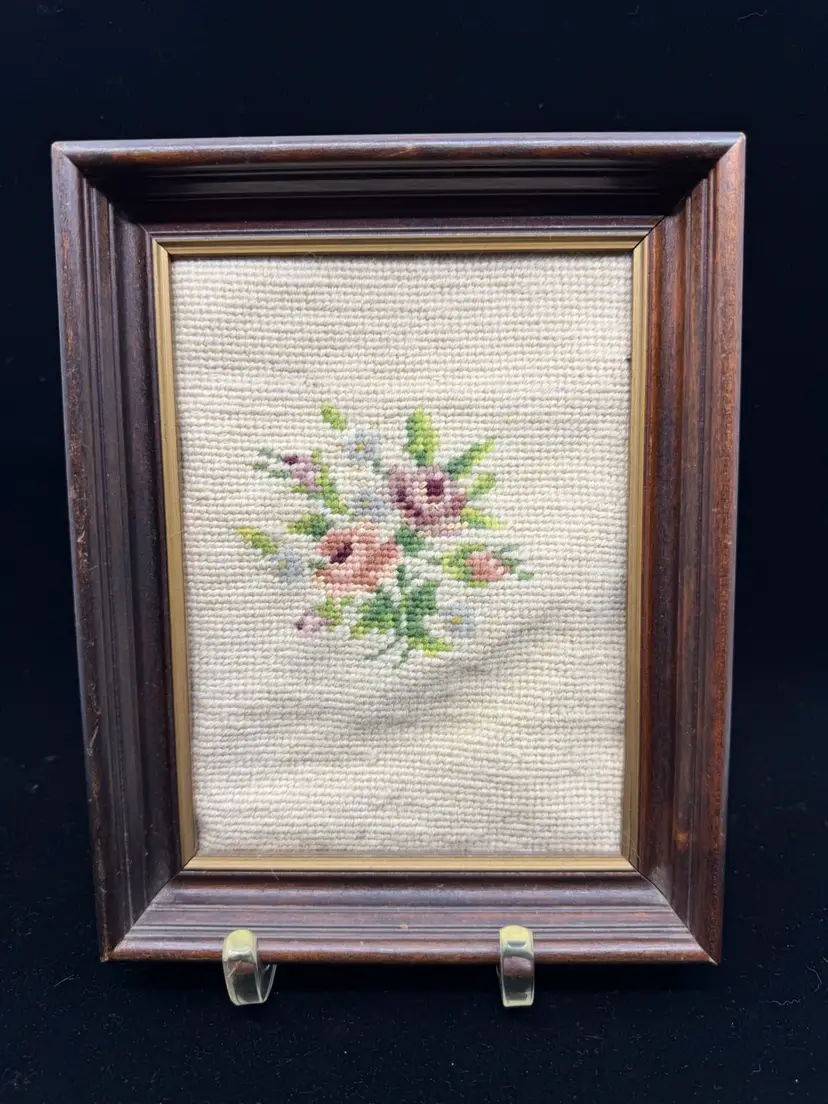 Vintage Wood Framed Needlepoint Artwork Pink& Blue Floral Bouquet 9.75”