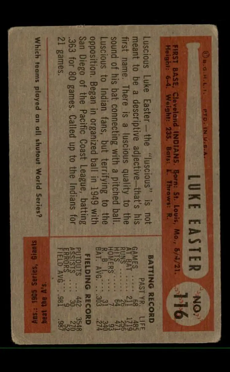 1954 Bowman #116 Luke Easter - (pk-tl3) - Cleveland Indians