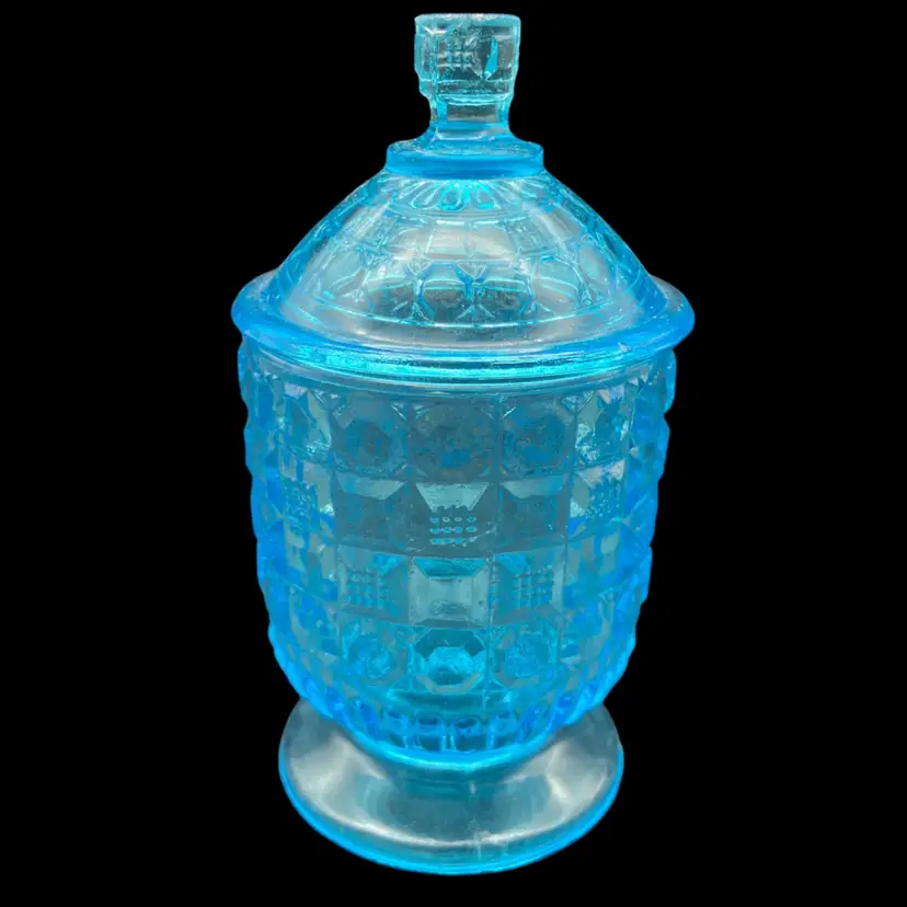 BIN - Vintage Kemple Miniature Waffle And Button Blue Sugar Bowl With Lid - As Is 4”