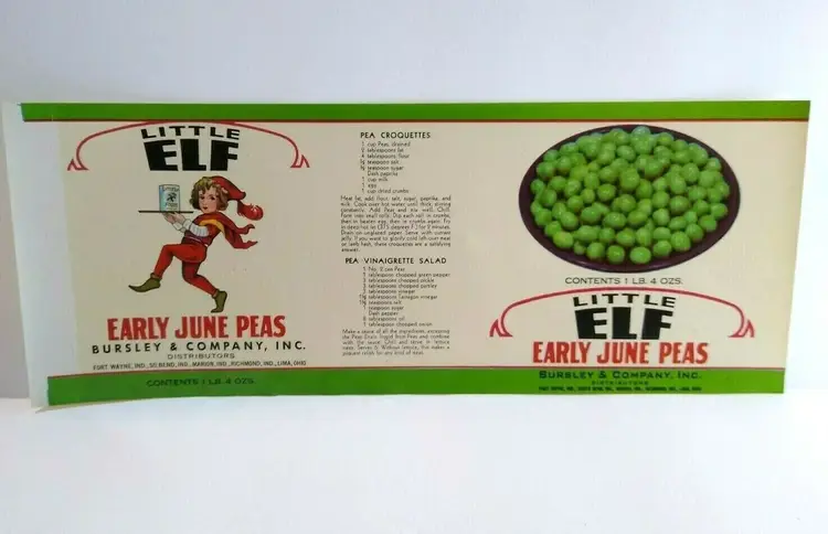 Little Elf June Peas Pixie Dwarf Gnome Vegetable Can Label Vintage Original 40's