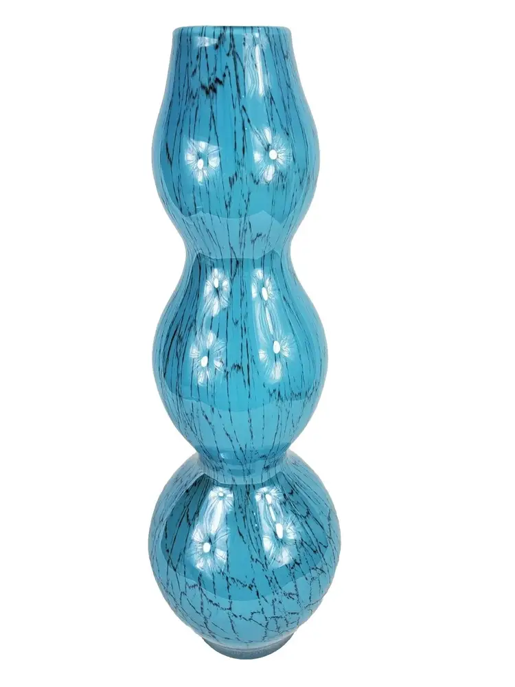 12. Vintage Pier 1 Hand Blown Art Glass Blue With Etching Triple Gourd Vase 14" Tall