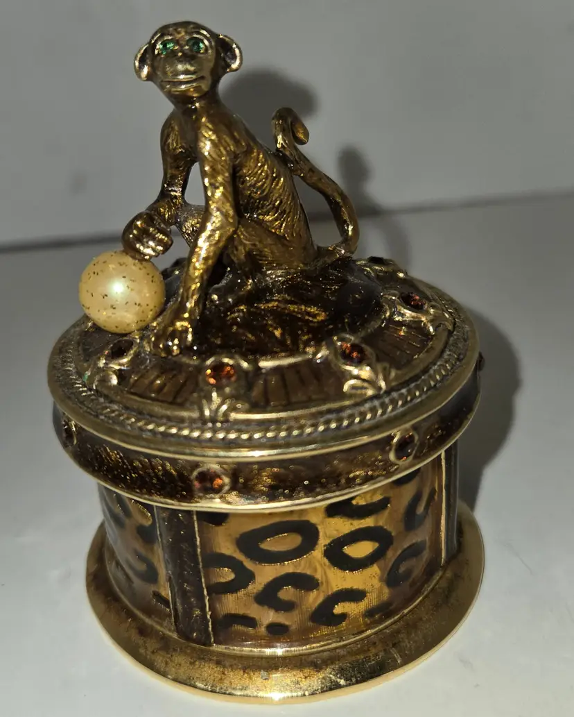 Vintage Gold Tone Monkey Trinket Box - Faux Pearl, Gemstones & Leopard Pattern Pillbox