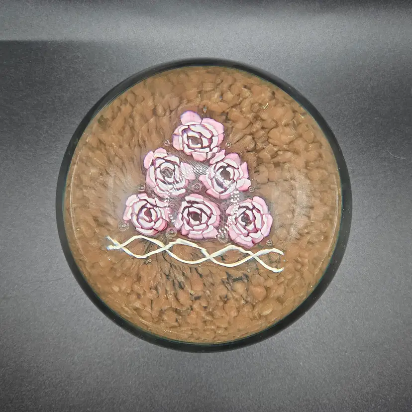 Vintage HUGE Murano Fratelli Toso Roses Murrine Cut Cane Pink Brown White Manganese Paperweight