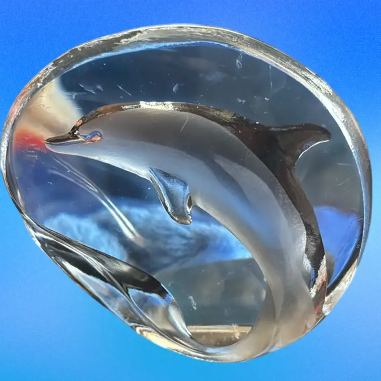 Mats Jonasson Swedish Art Glass Dolphin Etched Paperweight - Signed