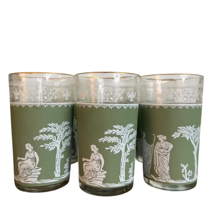 Set Of 6 Green Jasper ware Hellenic Jeanette Glass Juice Cups