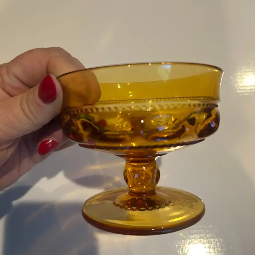 Set Of 4 Indiana Glass Kings Crown Amber Thumbprint Sherbert Dishes