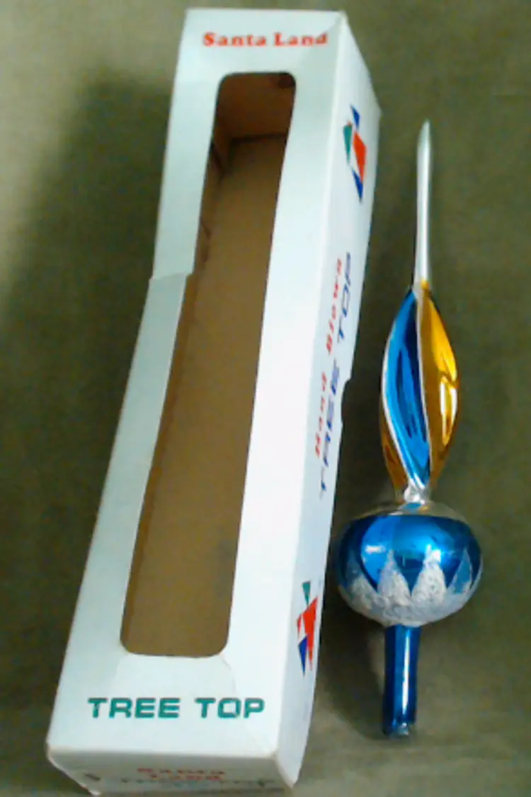 Vintage Polish Glass Christmas Tree Topper | Blue and Gold on Silver Mercury | Twisted Spire with Snow | 1970s Santa Land Made in Poland