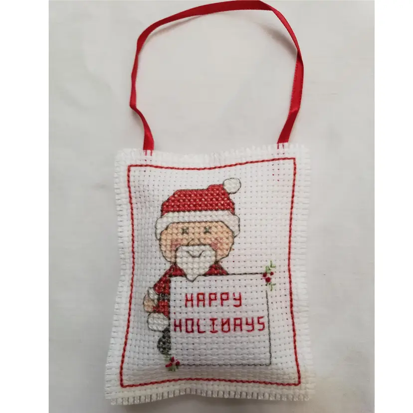 New Handmade Cross-stitched Happy Holidays  Christmas Ornament