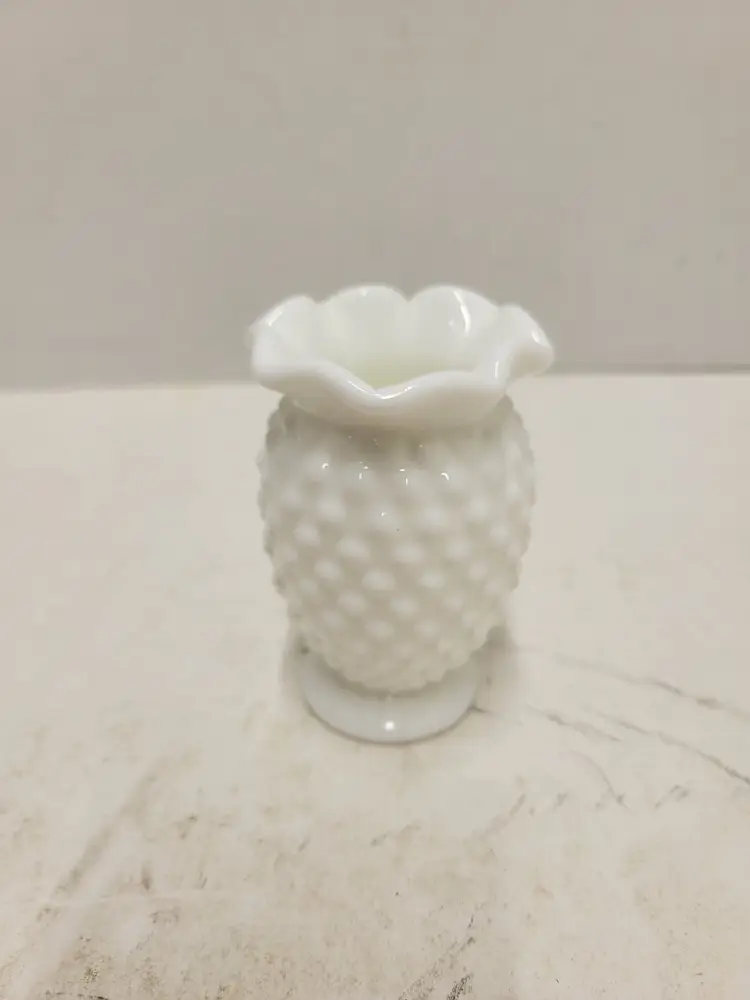 Vintage Fenton Hobnail White Milk Glass 8  Point Crimped Cupped Miniature Vase