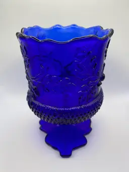 Cobalt Blue Glass Cup/Vase  w/Leaf & Acorn Pattern w/Branch Handle
