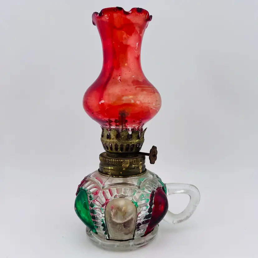 Vintage Miniature Oil Lamp Hong Kong Flashed Colors Pressed Glass Bohemian 7”