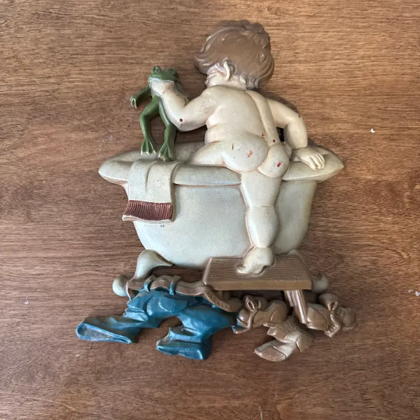 Vintage Sexton 1970 Boy And Frog In Bathtub Cast Metal Wall Plaque