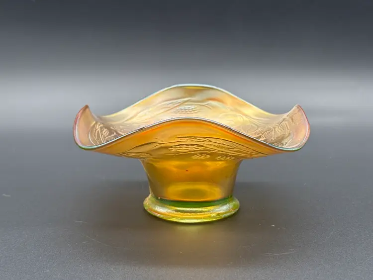 c1900s Early Fenton Blackberry Spray Marigold Carnival Glass Bowl Dish Hat w/ Green Base | Uranium Glass