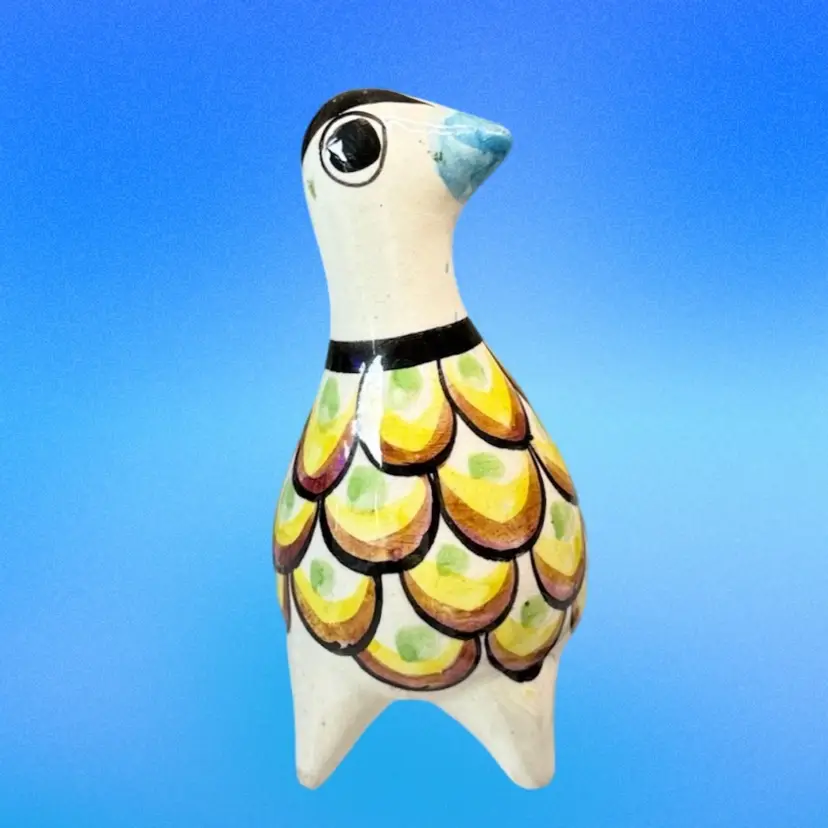 Mexican Tonala Bird  Figurine Yellow Green and Brown Feathers Signed
5” T x 4-3/4” L x 2-1/4” W