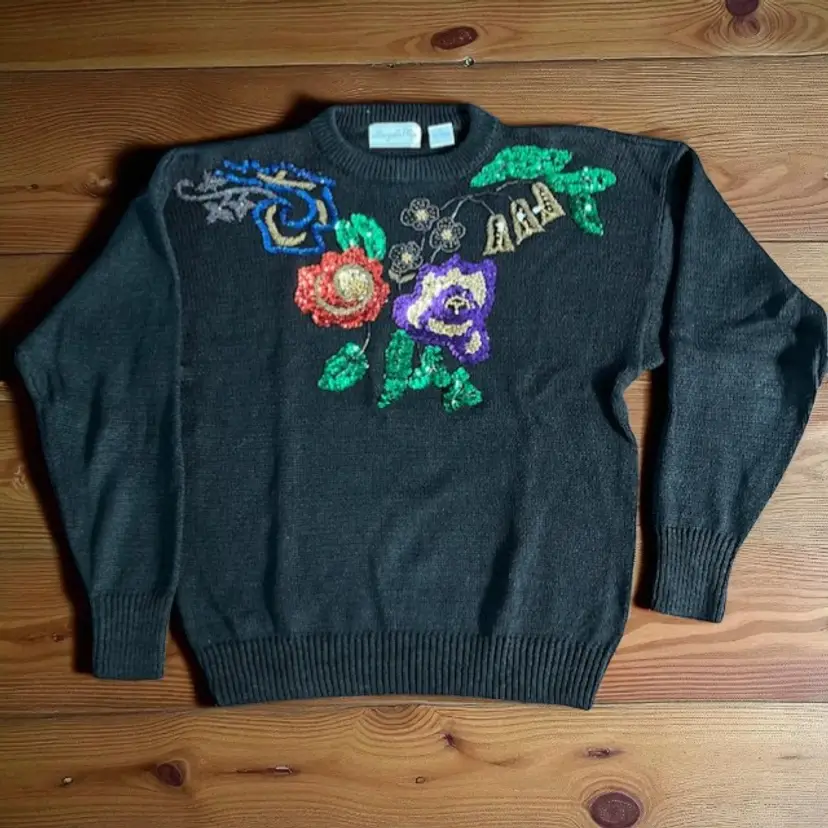 Black Holiday Christmas Sweater Sequins Beads Size Large Margules Plus