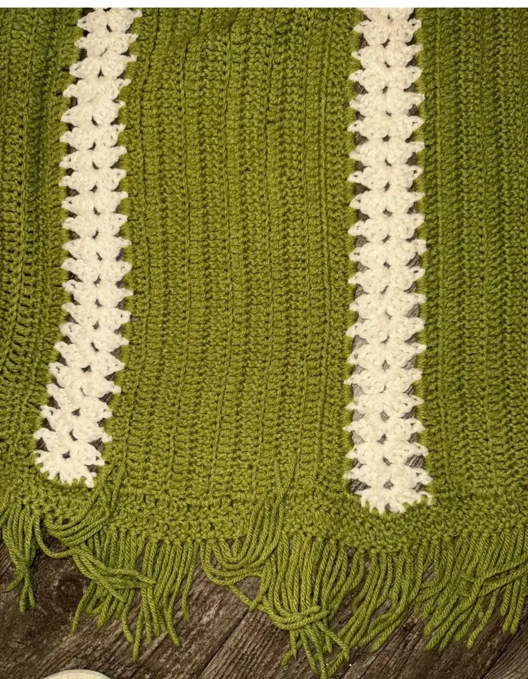Vintage Handmade, Crochet striped Afghan: green/cream; country/cottage core