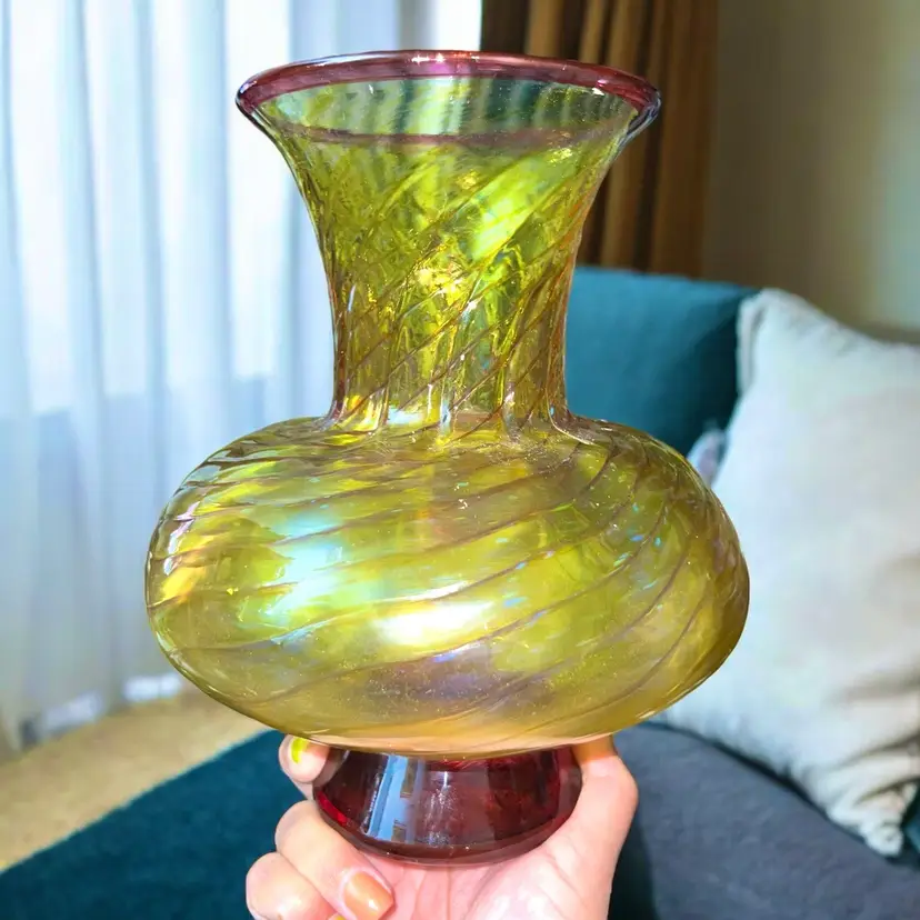 Chatham Glass Art Vase – 1999 Handblown Iridescent Gold & Ruby Red