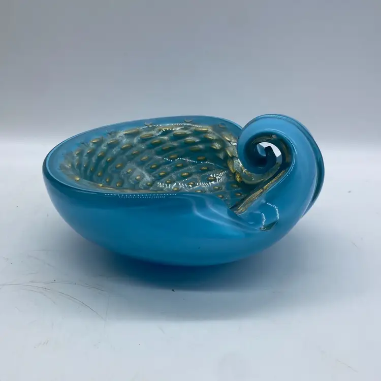 1965 Barbini Murano Glass Ashtray Blue w/ Gold Flecks