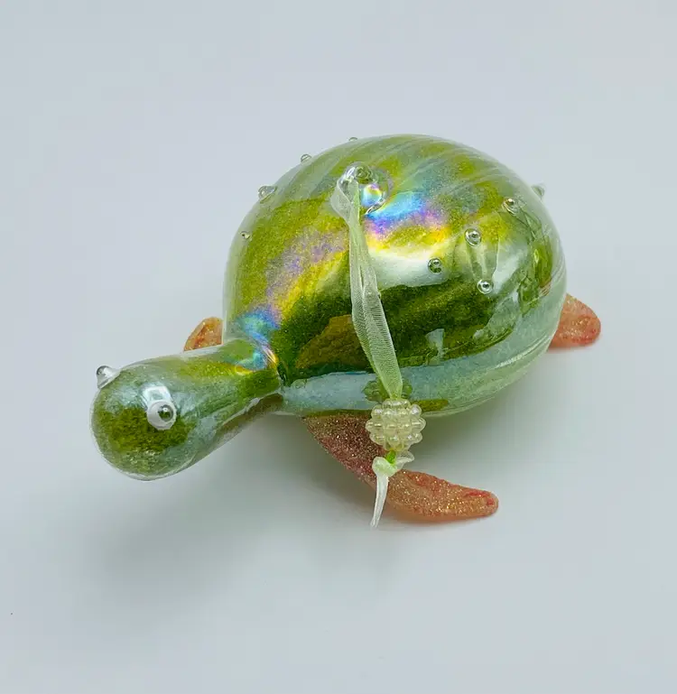 Pier 1, Hand Blown, Art Glass Sea Turtle Ornament Coastal Christmas Green Iridescent Orange Glitter