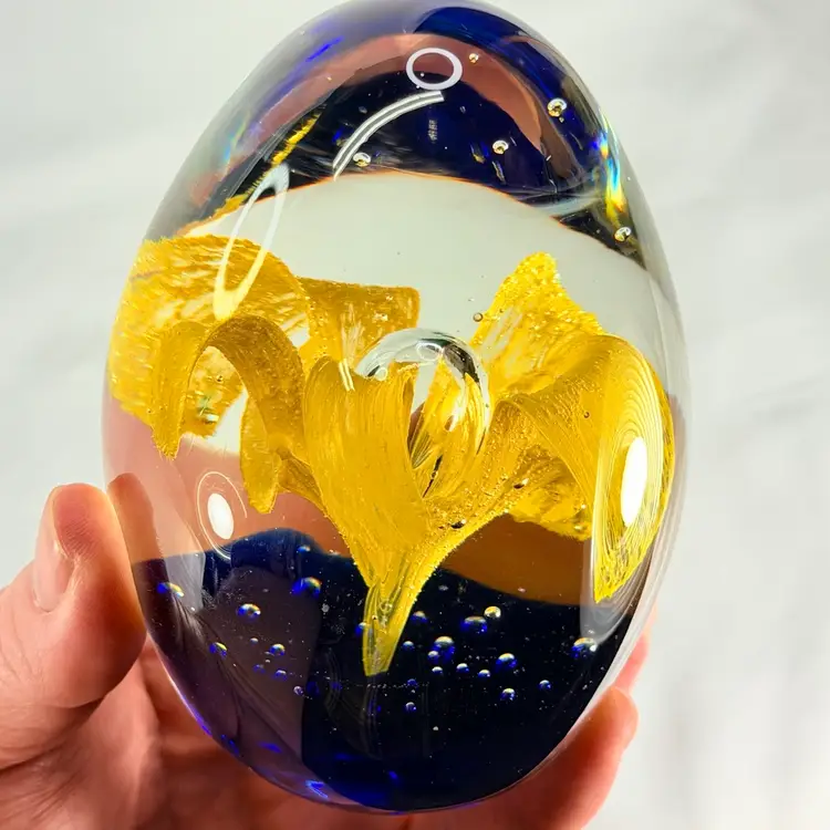 Blue And Yellow Floral Egg Paperweight