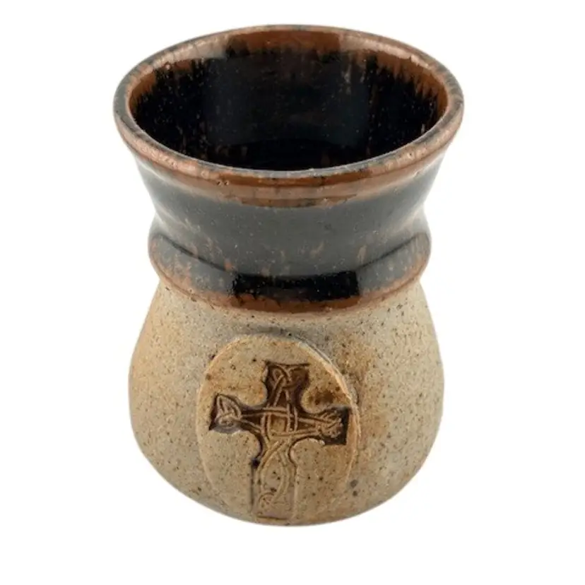 Small Studio Pottery Vase with Cross Brown glossy top half and bisque pottery on the bottom half