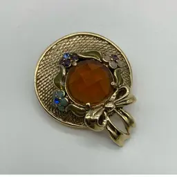 Easter Bonnet Brooch Goldtone w/Enameled Flowers
