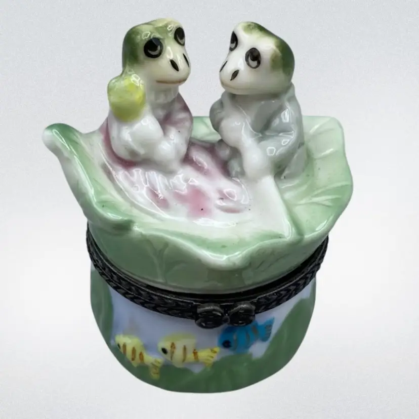 Vintage Frog Trinket Box Porcelain Fish CottageCore Retro