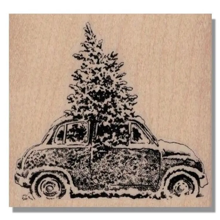 Christmas Tree On Car In The Snow For Handmade Christmas Cards and Holiday Crafts Rubber Stamp