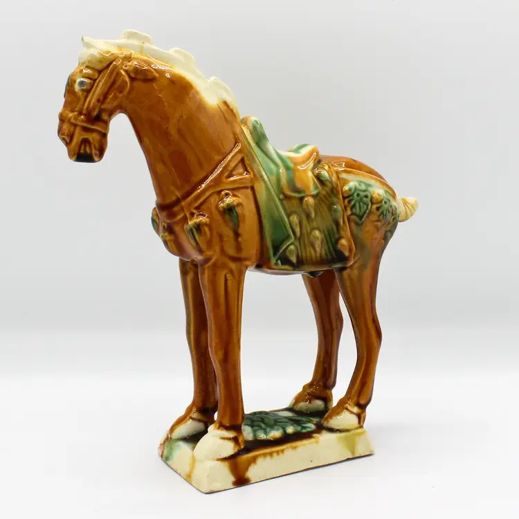 Vintage Tang Style War Horse Figurine Pottery Sculpture Sancai Glaze Asian Decor