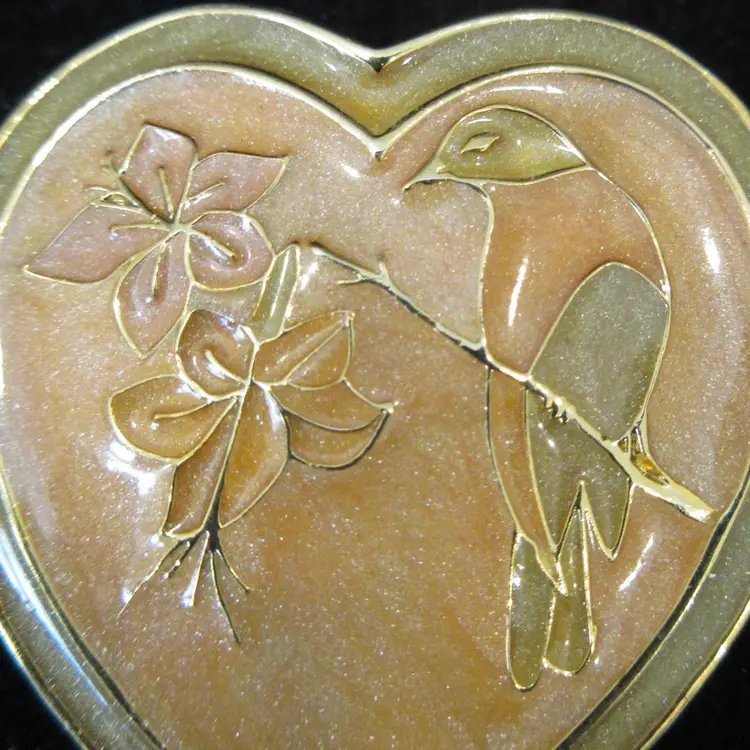 Vintage Heart Shaped Cloisonne Gold Tone Brooch Pin with a Bird and Flower Design - 1.5 Inches