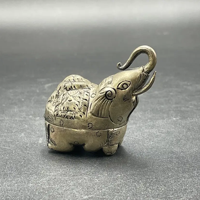 Cambodian Kneeling Elephant Betel Nut Box VTG Silver Toned Metal Trunk Up Lucky