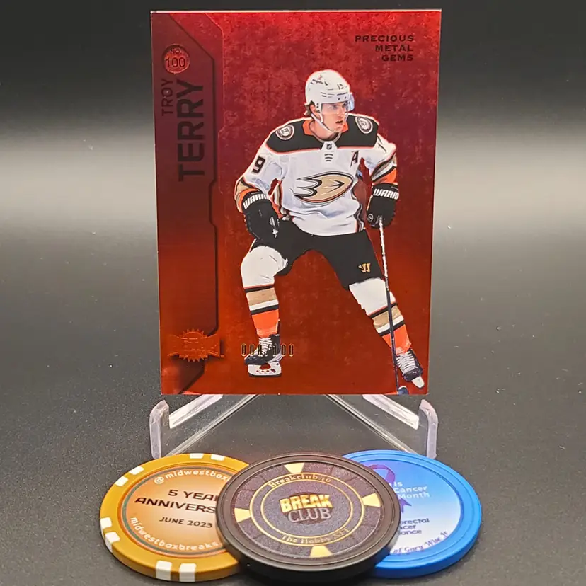 Troy Terry 2023-24 Upper Deck Skybox Metal Universe Hockey Red Precious Metal Gems Parallel Numbered 8/100 Card #100 - Anaheim Ducks