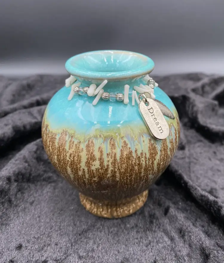 Crystalline Glaze Pottery Mini-Vase, Charms Collar, "Dream", Aqua, Gold, Bronze
