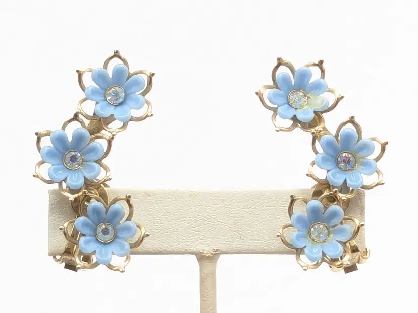 Vintage Blue Floral Clip-On Gold Tone Earrings with Rhinestones Climbers