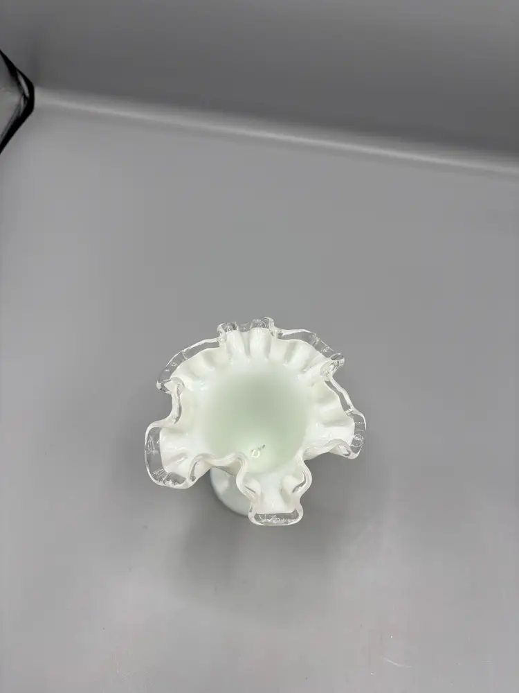 Fenton silvercrest opalescent vase with clear ruffled rim