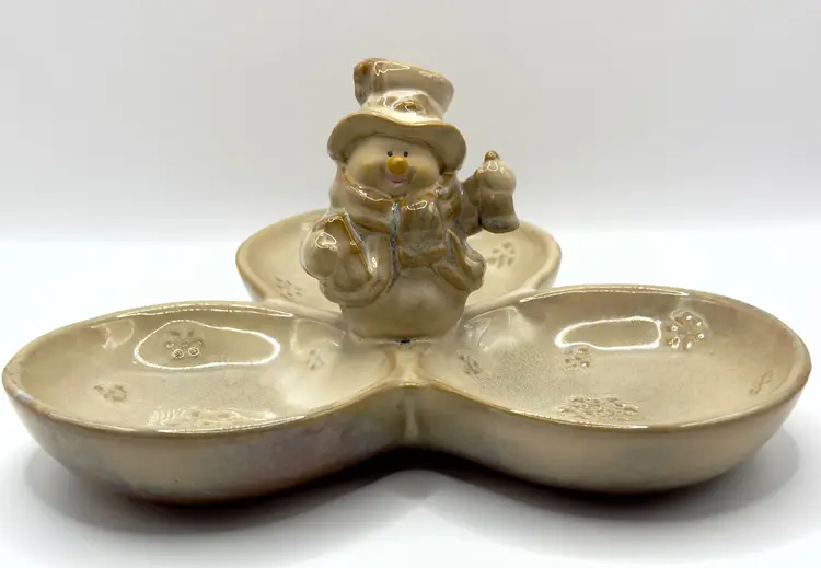 Vintage Christmas Ceramic Snowman Divided Serving Dish, Winter Holiday Decor, By CRMC, Made In China, MPN C7644
