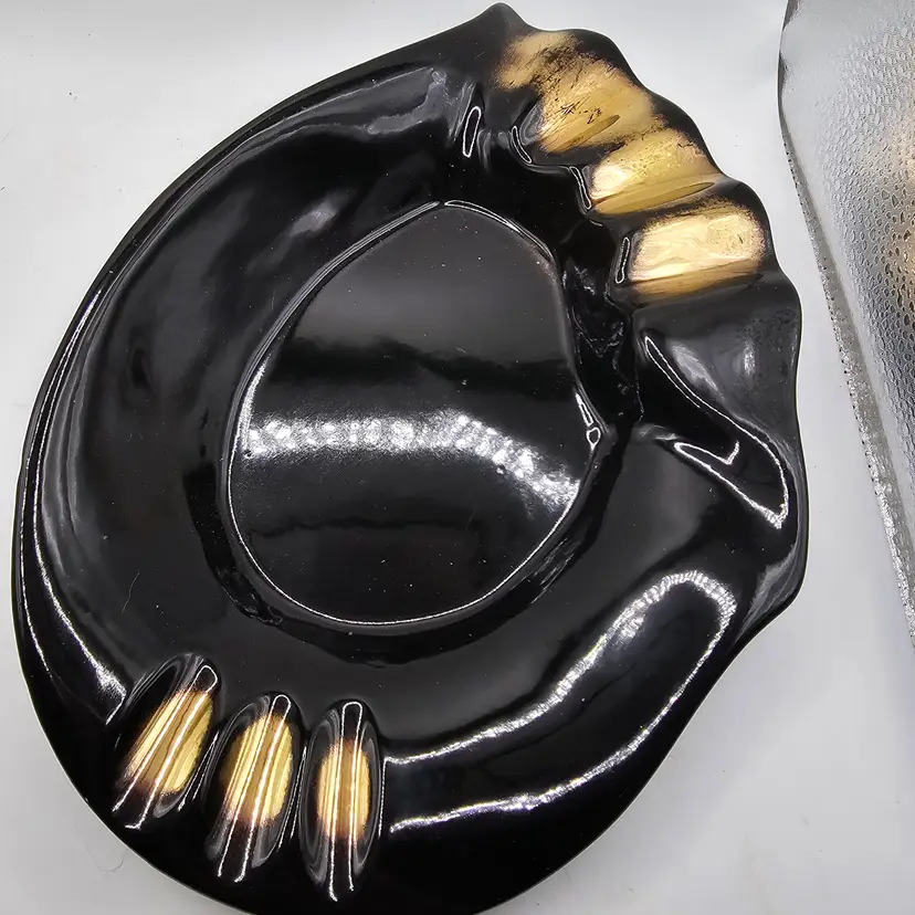 Design by Norma pottery MCM ashtray trinket dish 545 vintage USA black with gold