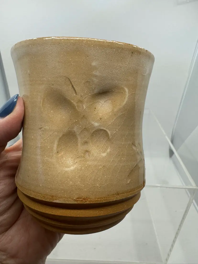 Studio Pottery Mug With Butterflies, Bees, And Dragonflies; Stamped Bee On Base