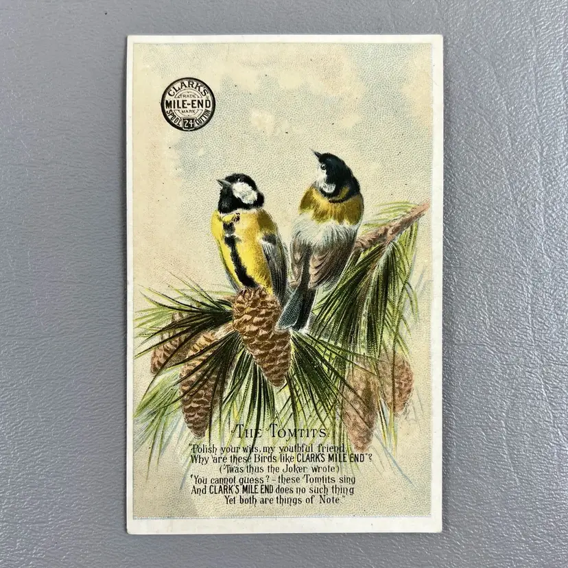 Victorian Trade Card Clark's Mile End Spool Cotton Birds Tomtits Pinecones
